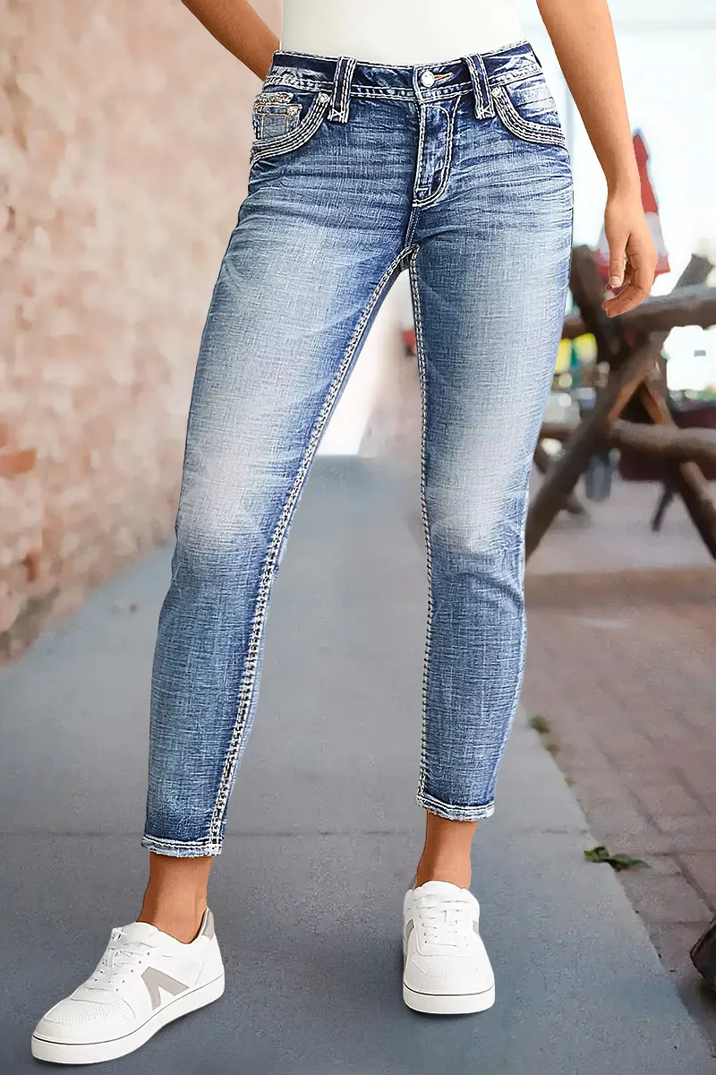 Wash Stitch Detail Mid Rise Crop Skinny Jeans