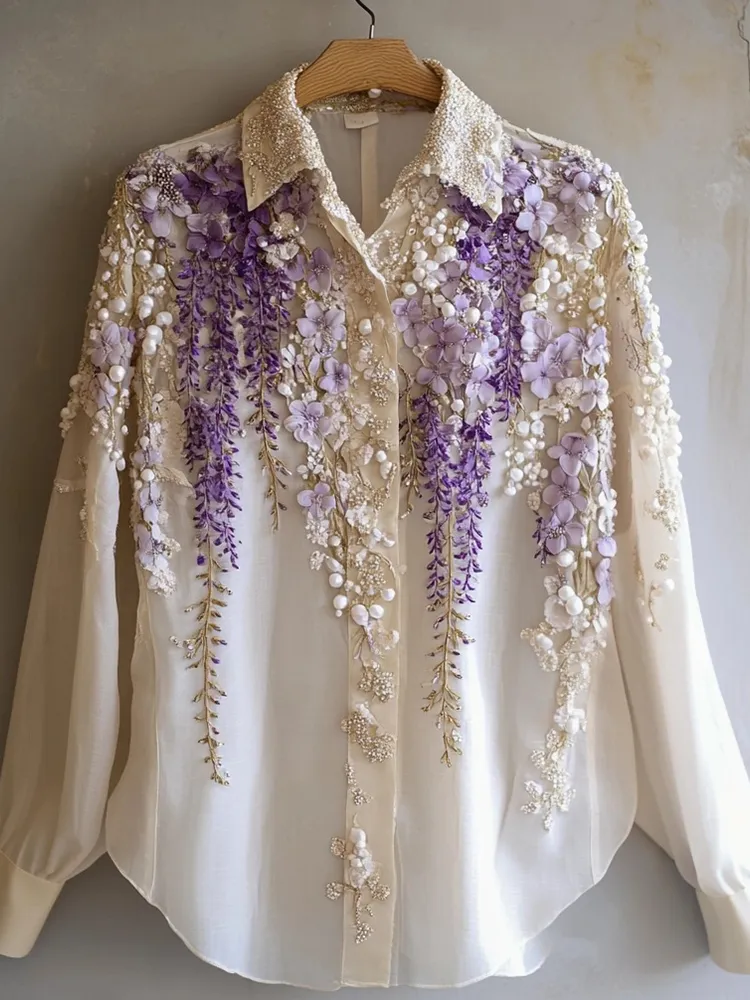 Women's Purple Floral Pearl Embroidered Elegant Shirt
