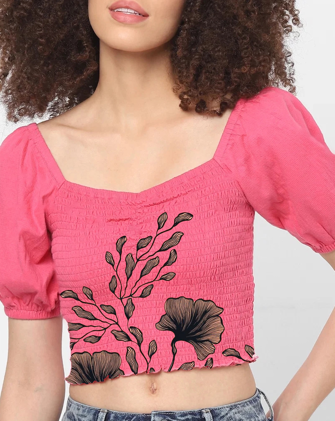 Pink Puff Sleeve Smocked Cropped Top