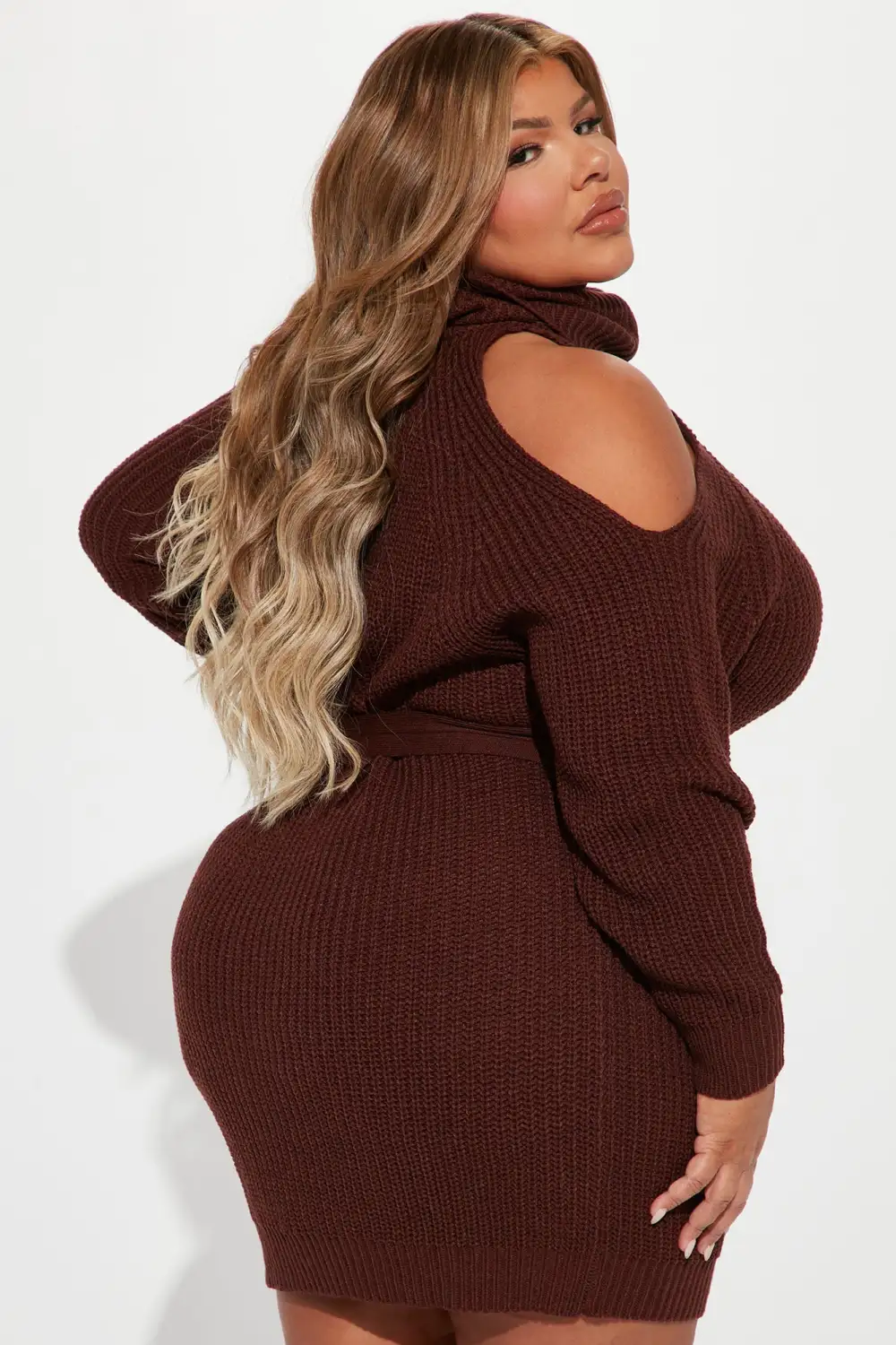Giving Cold Shoulder Sweater Dress - Brown