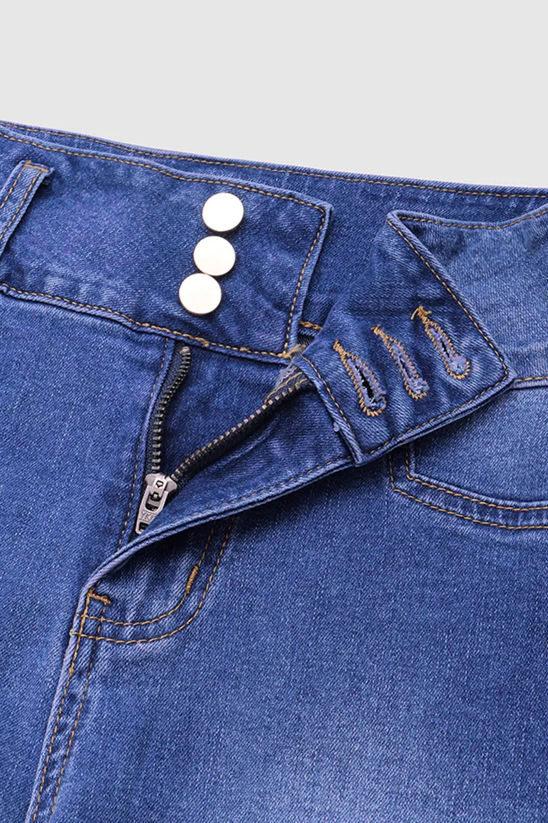 Button Fly Wash High Stretch High Waist Capri Jeans