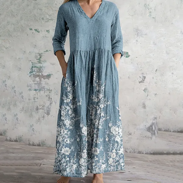 Vintage Floral Embroidered Lace Art Women's Linen Dress