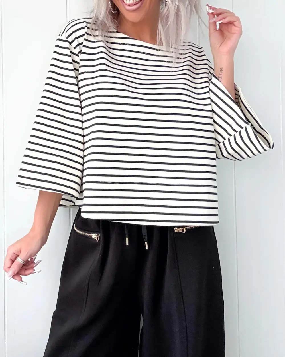 Crew Neck Striped Top - Black/Ivory