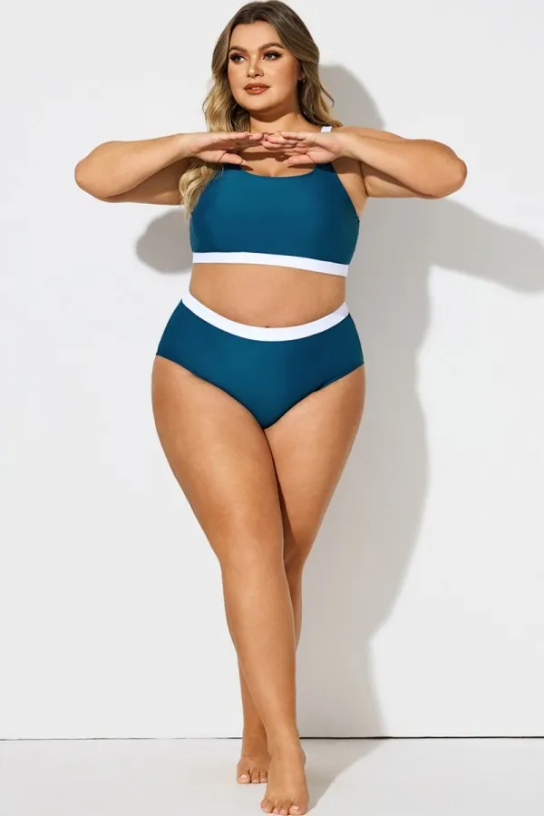 Blue & White Colorblock High Waist Bikini Bottom