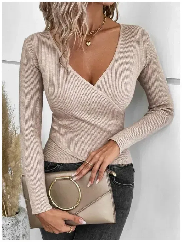 Ribbed Knit Wrap Cross Sweater