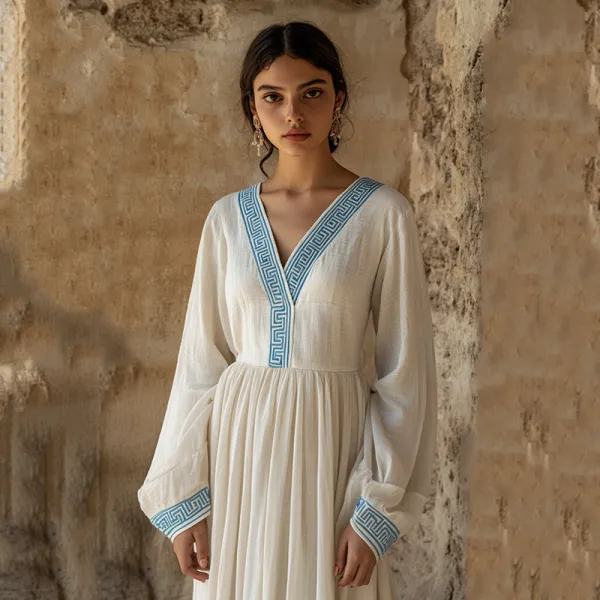 Vintage Greek Inspired V Neck Linen Blend Maxi Dress