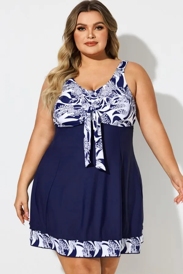 Blue & White V-Neck Floral Print Tie Front Swimdress