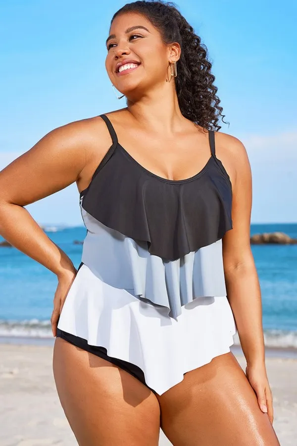 Plus Size Colorblock V-Neck Ruffle Women Tankini Top