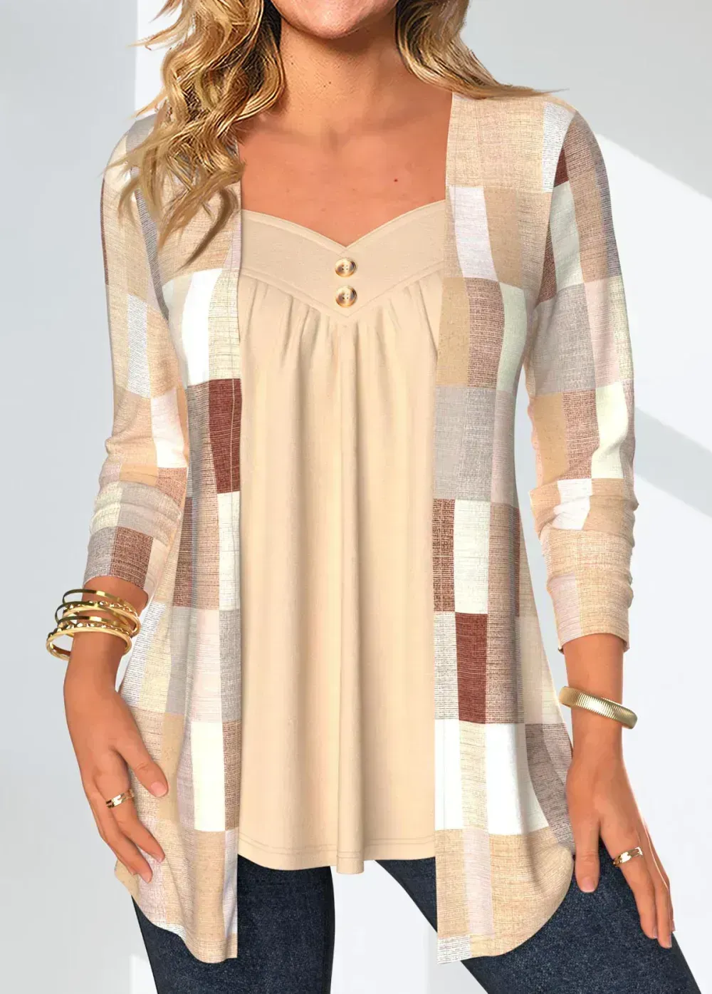 Skin Color Fake 2in1 Geometric Print Long Sleeve Blouse