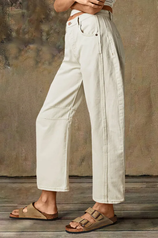Solid Stitch Detail Mid Waist Crop Straight Leg Jeans Without Belt