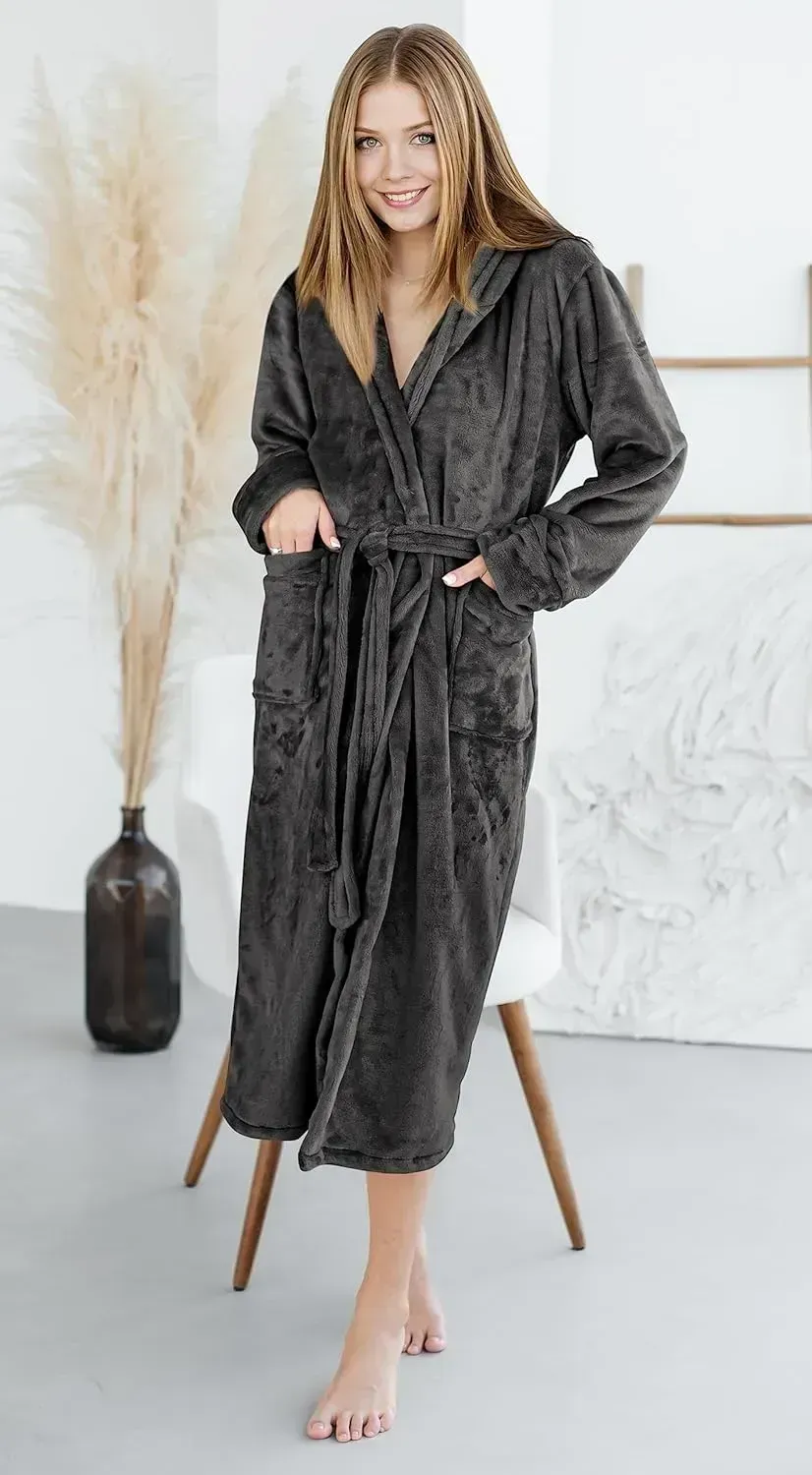 Women Fleece Shawl Collar Bathrobe - Plush Long Robe