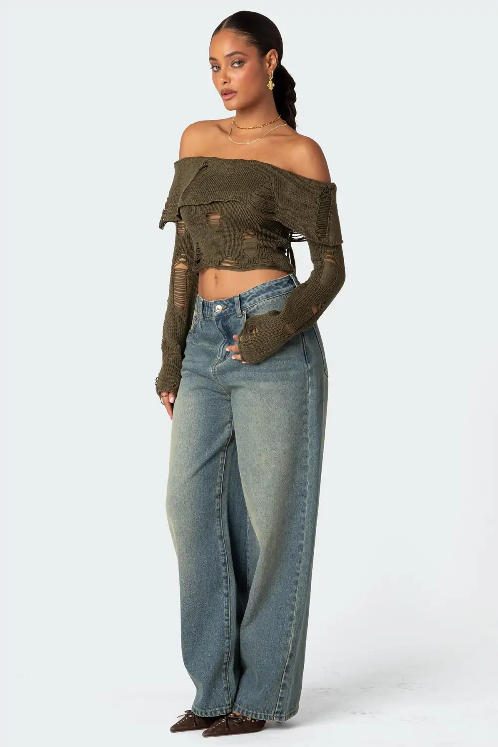 Distressed Fold Over Sweater