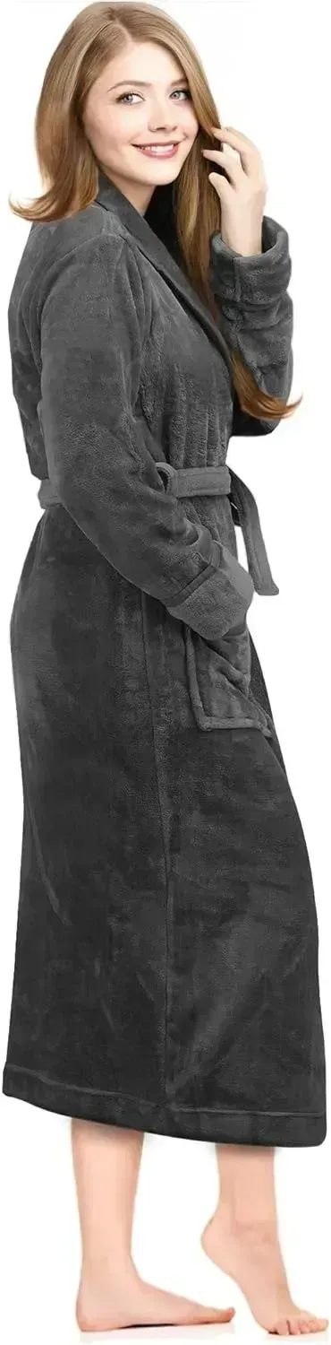 Women Fleece Shawl Collar Bathrobe - Plush Long Robe