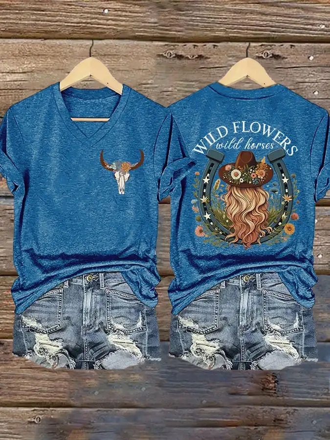 Women's Wild Flowers Wild Horses Printed T-Shirt