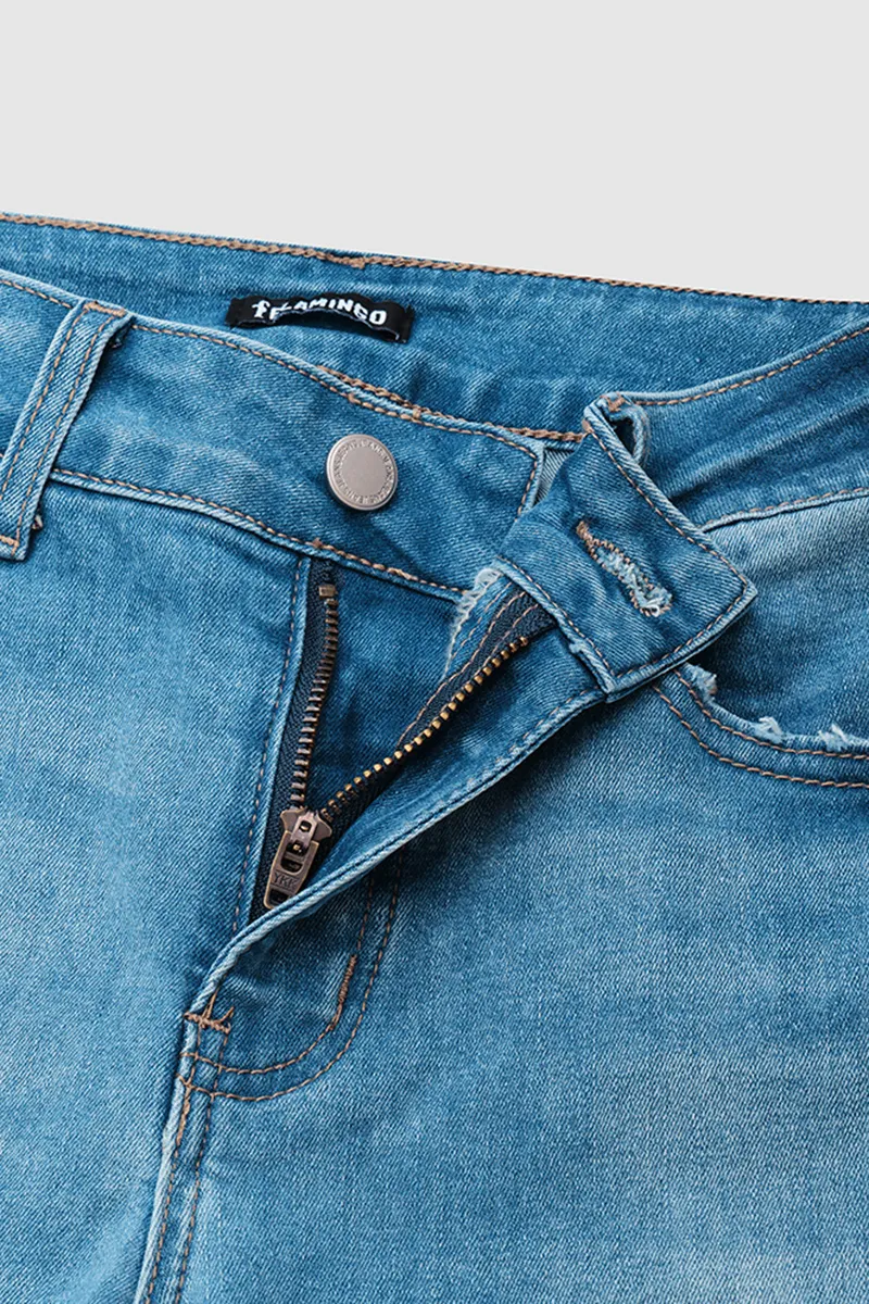 Wash Stretchy Roll Hem Mid Waist Capri Jeans