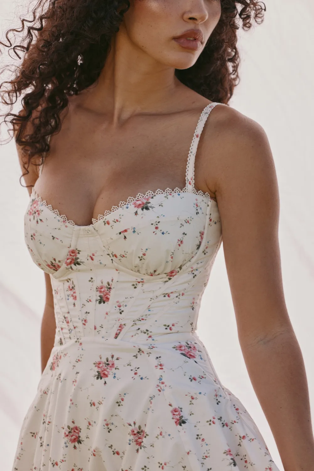 Cream Stretch Cotton Floral Print Midi Sundress