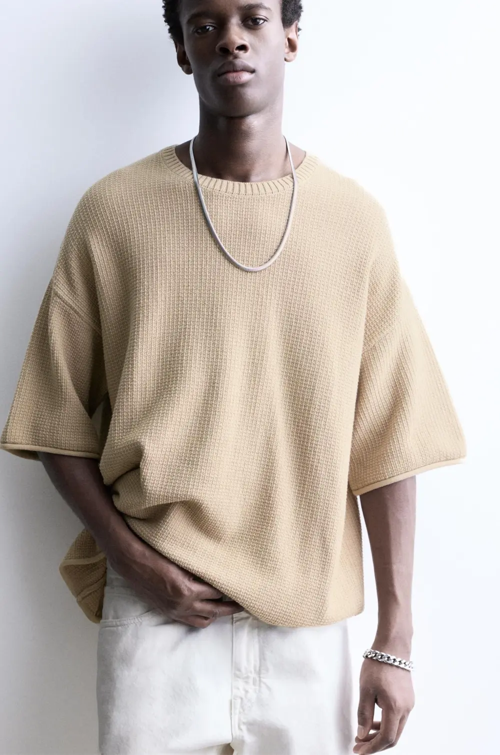 Waffle-knit boxy-fit T-shirt