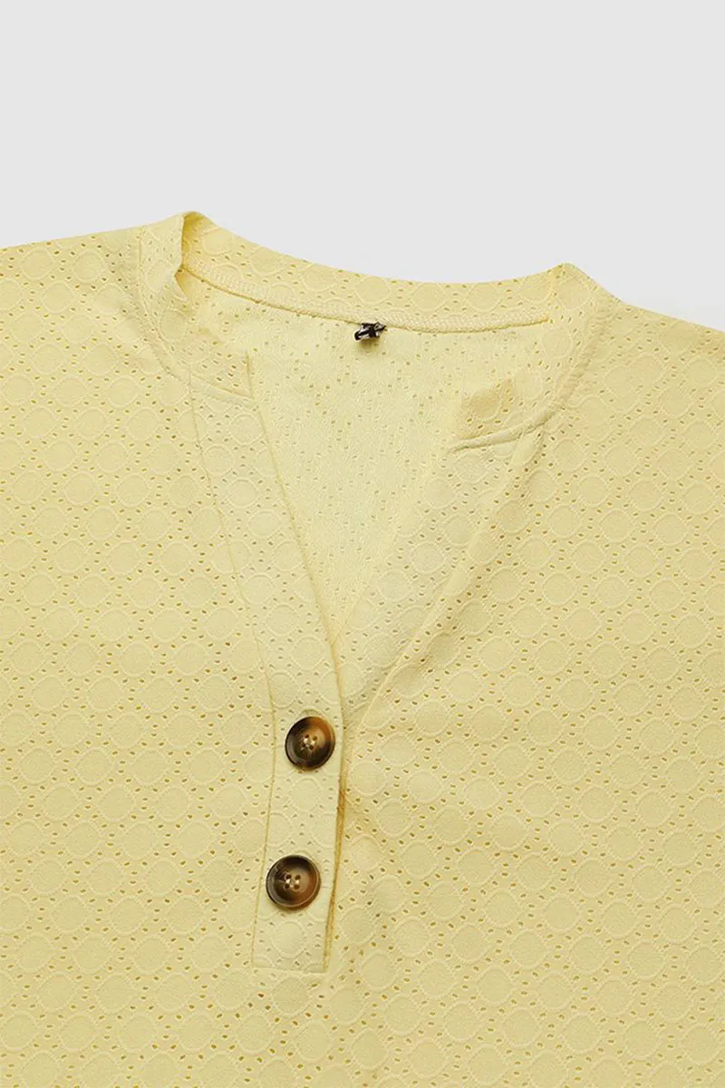 Solid Hollow Out Button Decor V Neck T-Shirt
