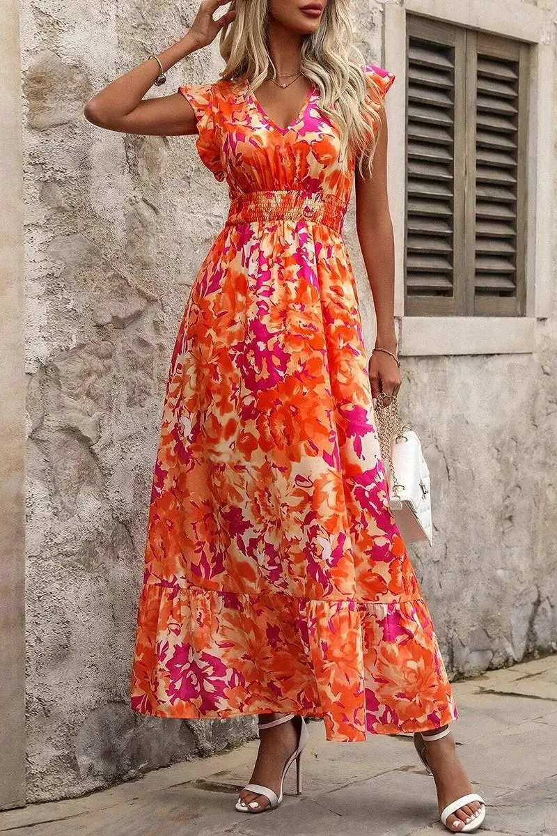 Floral Print Smocked Ruffle Sleeve V Neck Maxi Dress