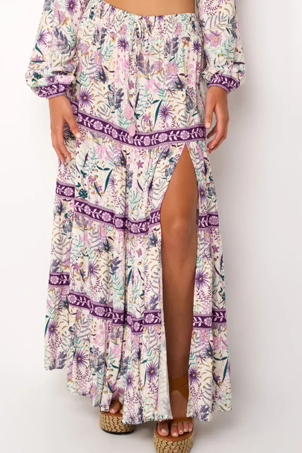 Purple And White Floral Print Split Maxi Skirt