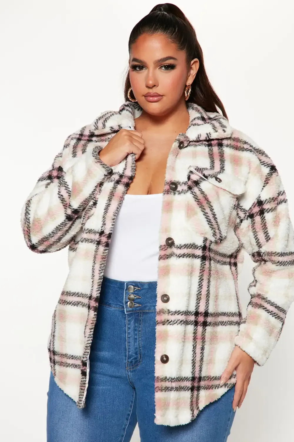 Shirt Jacket Sherpa Shacket - Pink/combo