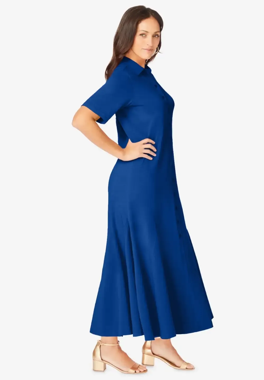 Stretch Cotton Button Front Maxi Dress