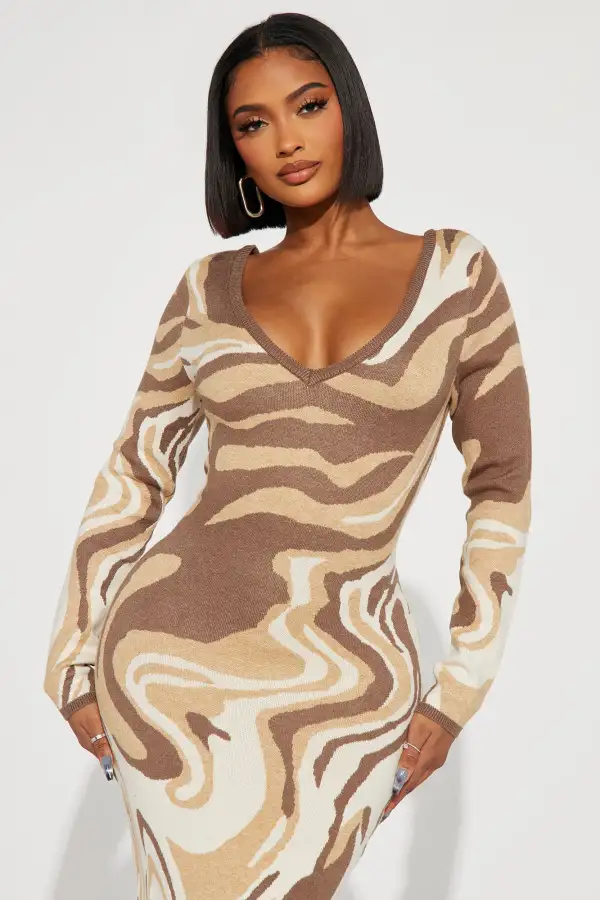 Shayla Sweater Midi Dress - Brown/combo