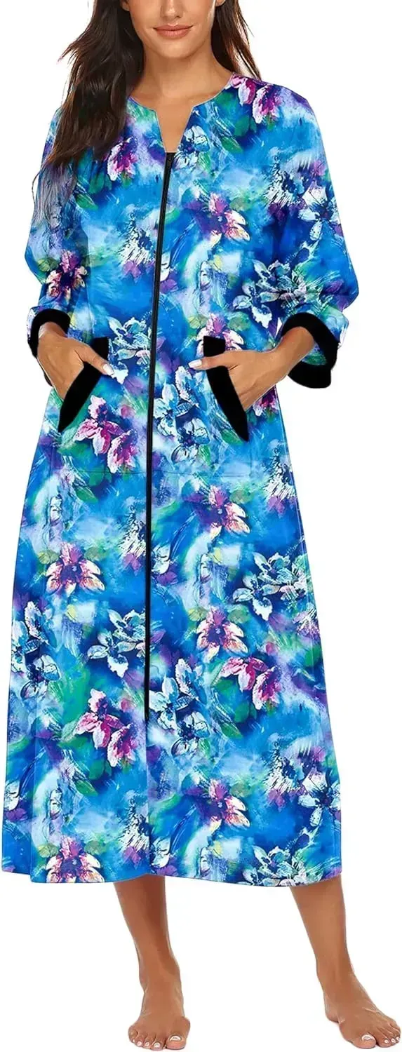 Women Zipper Robe 3/4 Sleeves Loungewear Dress Full Length Sleepwear Pockets Housecoat Nightgown Long Bathrobe