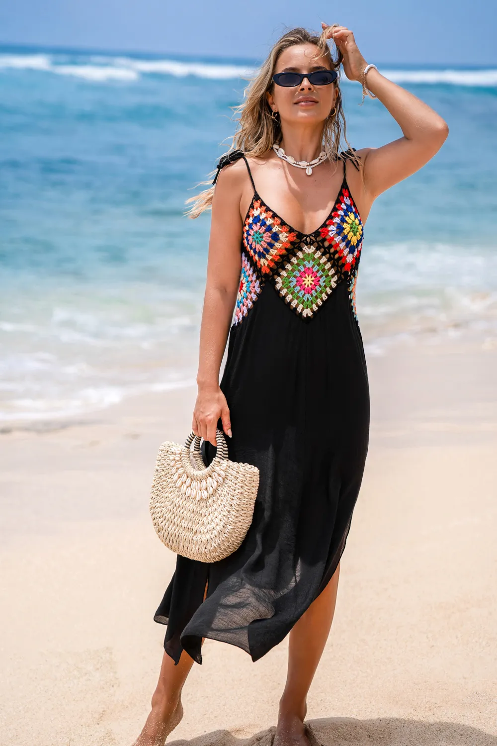 Crochet Cove Black Cover-Up Midi Dress