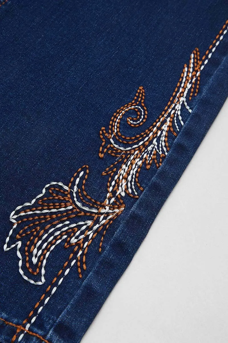 Wash Graphic Embroidery Flap Pocket Mid Rise Bootcut Jeans Without Belt