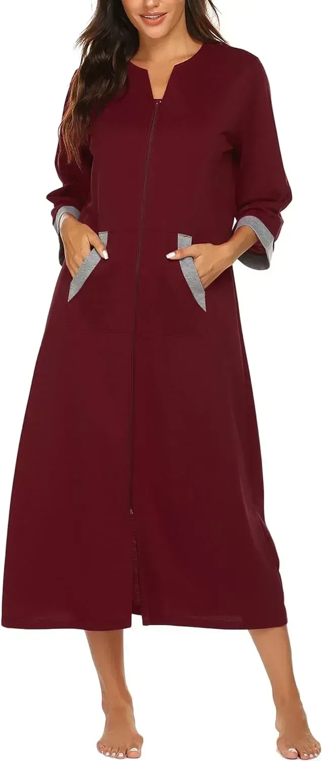 Women Zipper Robe 3/4 Sleeves Loungewear Dress Full Length Sleepwear Pockets Housecoat Nightgown Long Bathrobe