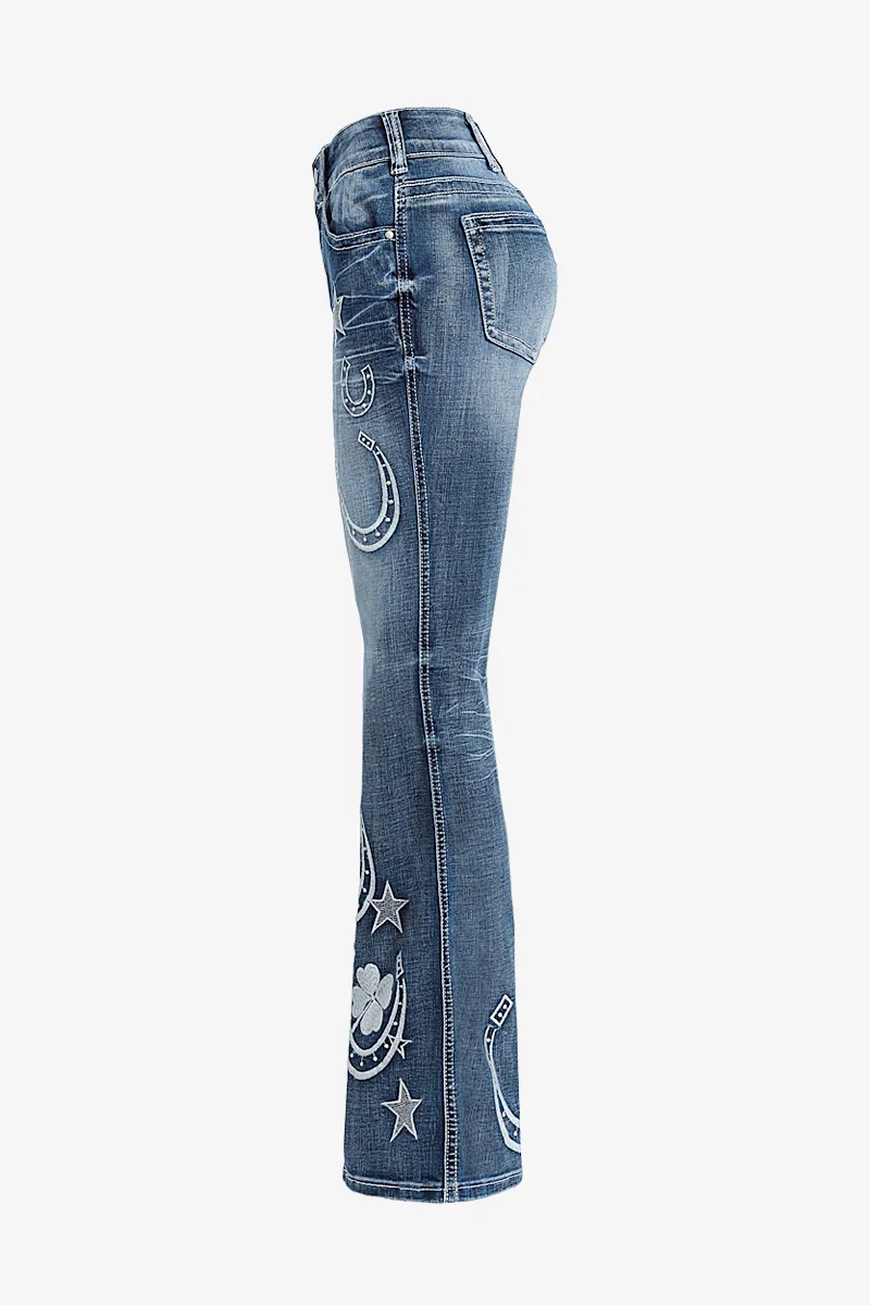 Star & Moon Pattern Double Button Mid Rise Flare Jeans