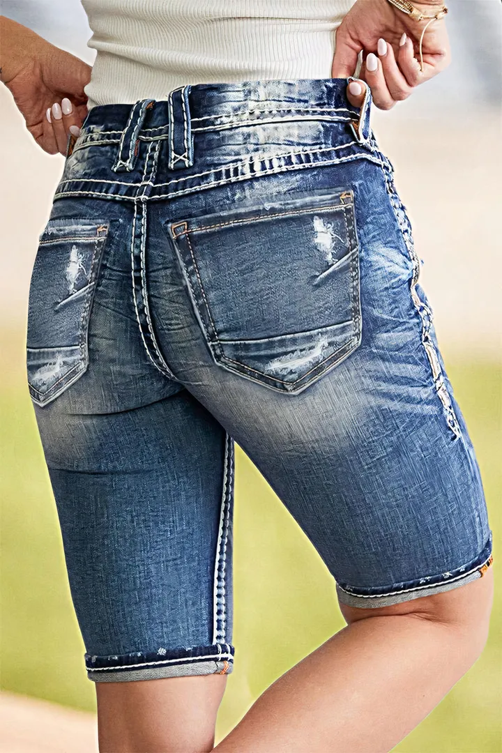 Double Button Ripped Roll Hem Mid Rise Denim Bermuda Shorts