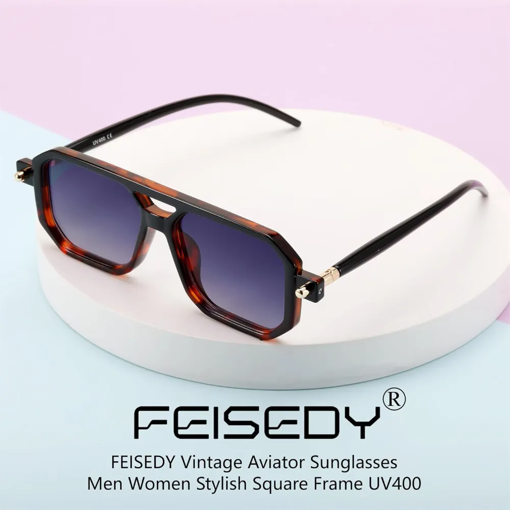 FEISEDY Vintage Square 70s Flat Aviator Sunglasses Women Men Classic Retro Stylish Frame UV400 Sunglasses B2622