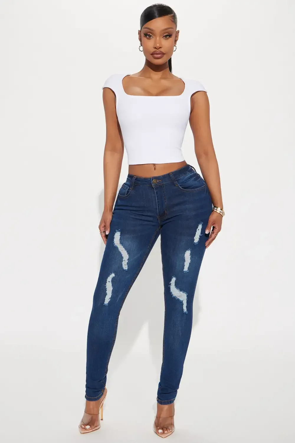 The Only One Ripped Mid Rise Skinny Jeans - Dark Wash