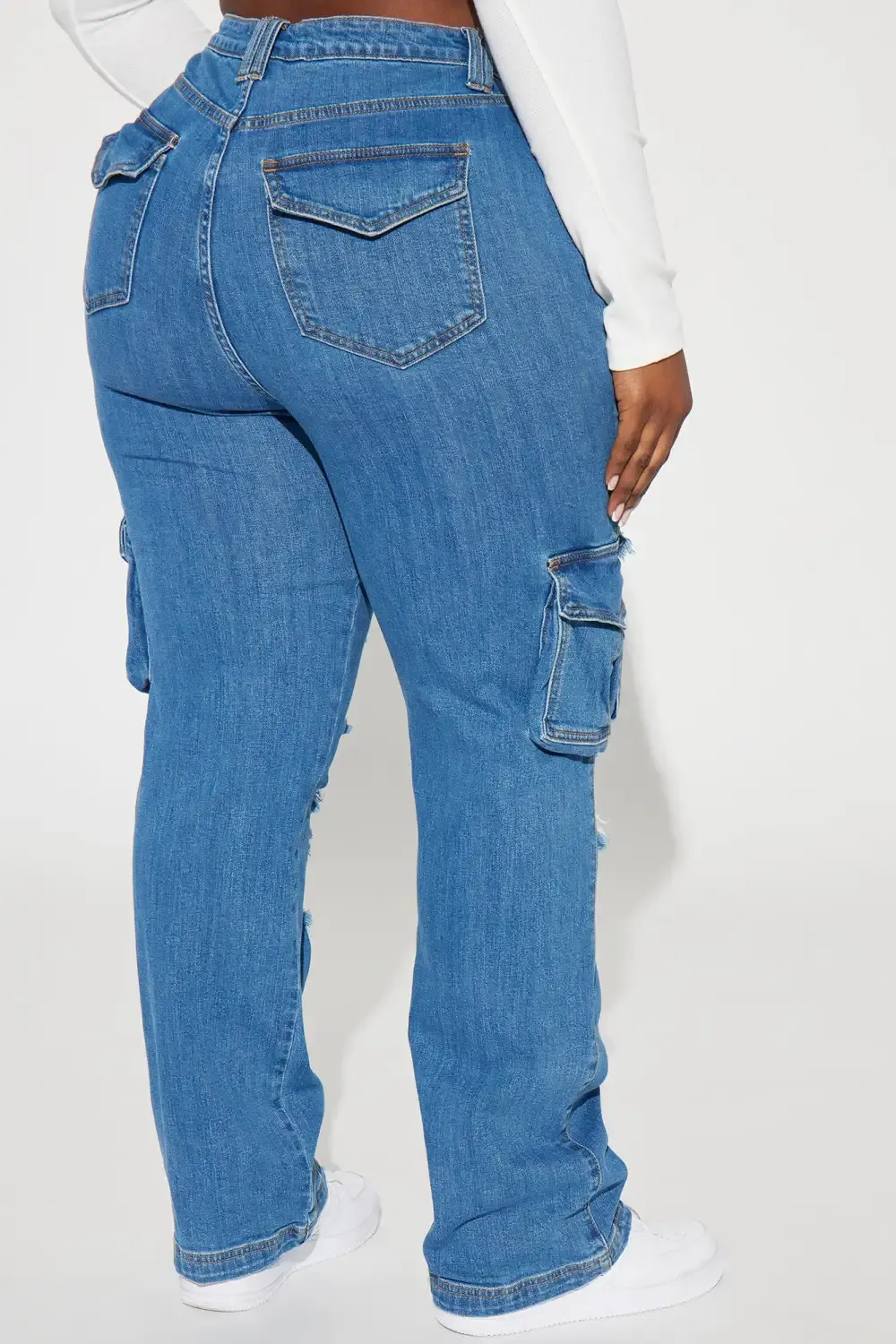 Can't Be Knocked Down Cargo Boyfriend Jeans - Medium Blue Wash