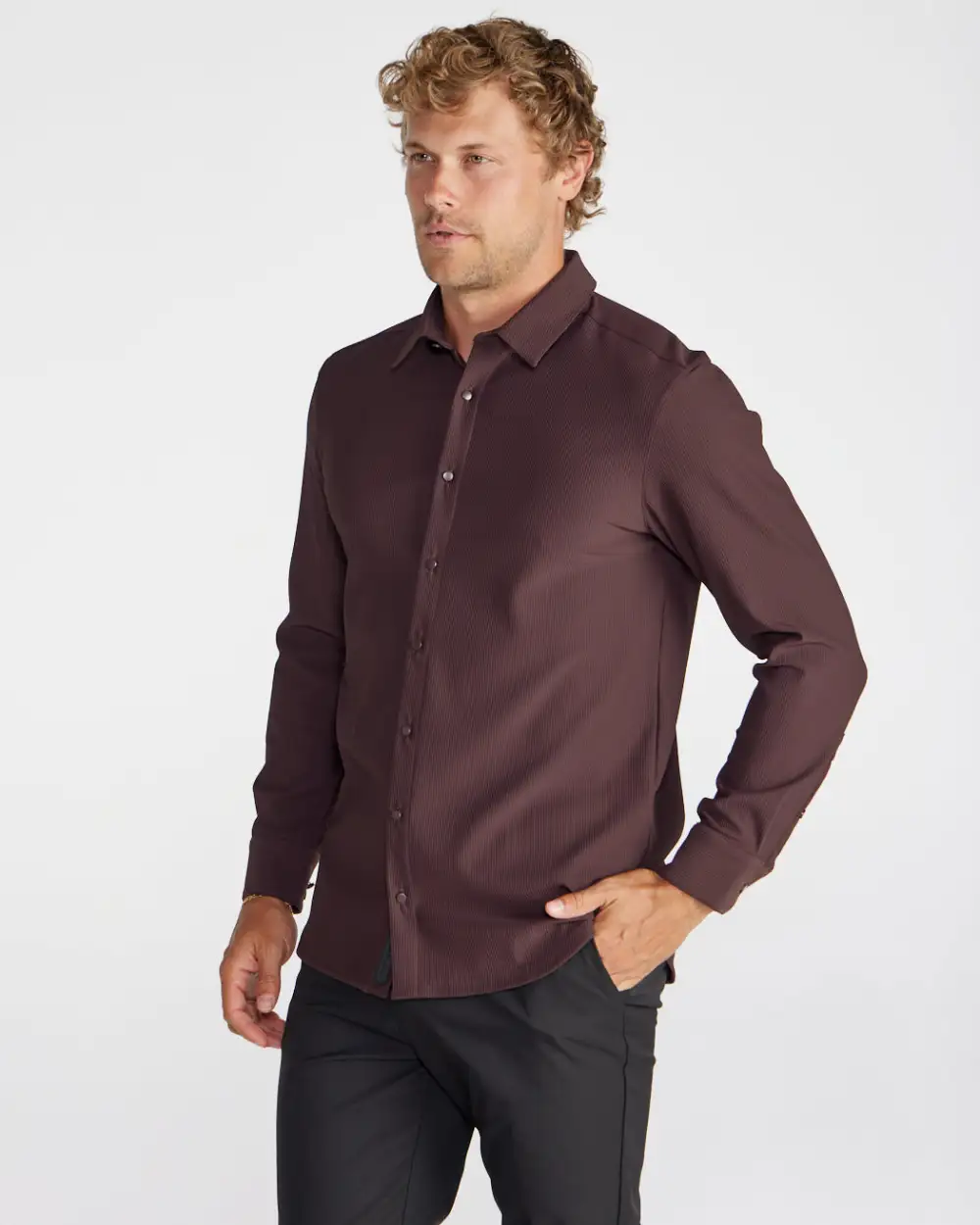 Ribbed+ Long Sleeve Button Down