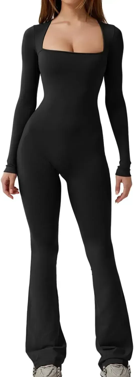 Long Sleeve Jumpsuits for Women Square Neck Wide Leg Full Length Romper Playsuit