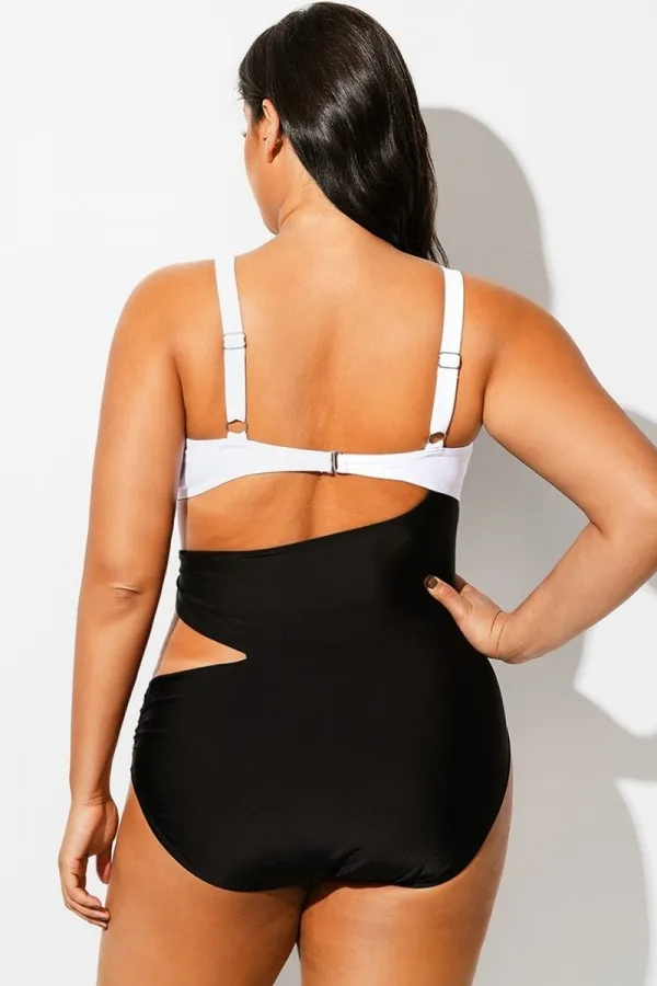 Plus Size Black＆White Colorblock Cutout One Piece Swimsuit