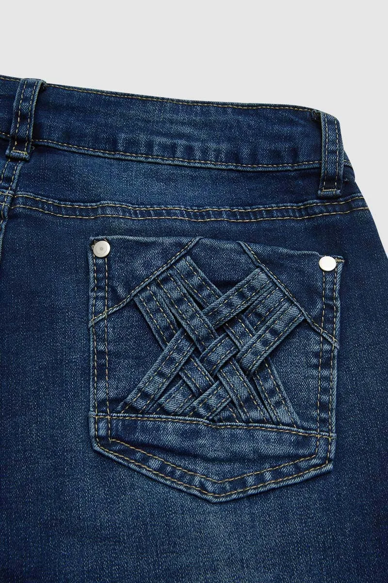 Wash Braided Decor Mid Rise Flare Jeans Without Belt