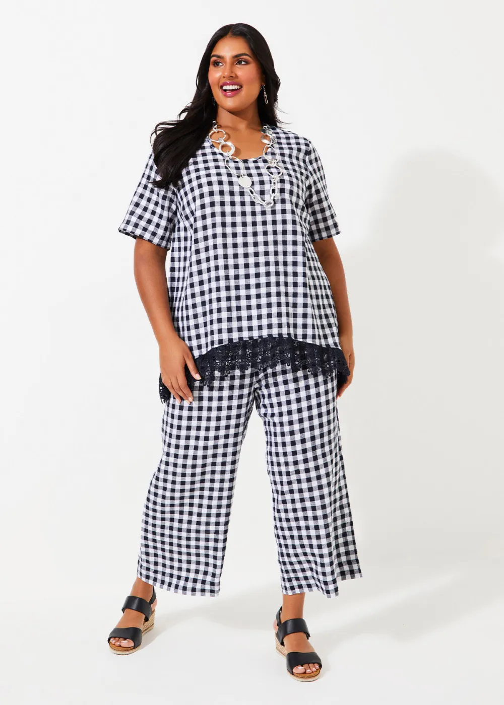 Linen Blend Check Crop Pant