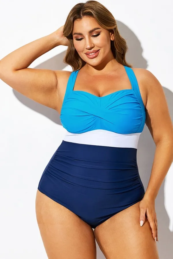 Blue & White Twist Front Skinny One Piece Swimsuit
