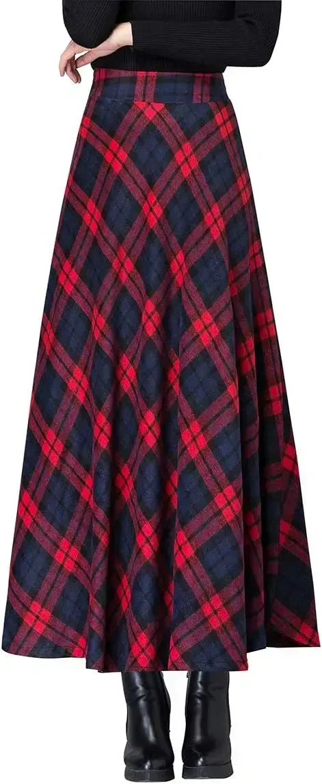 Women's Winter Elegant Warm Long Skirt Wool Maxi Skirts Elastic Waist A-Line High Waist Plaid Pleated Skirt S-3XL