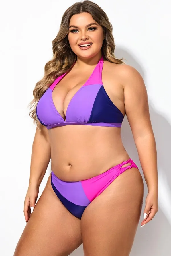 Plus Size Halter Colorblock Sexy Bikini Top