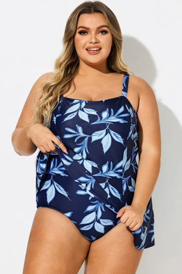 Blue Leaf Print Square Neckline Women Stylish Swimdress