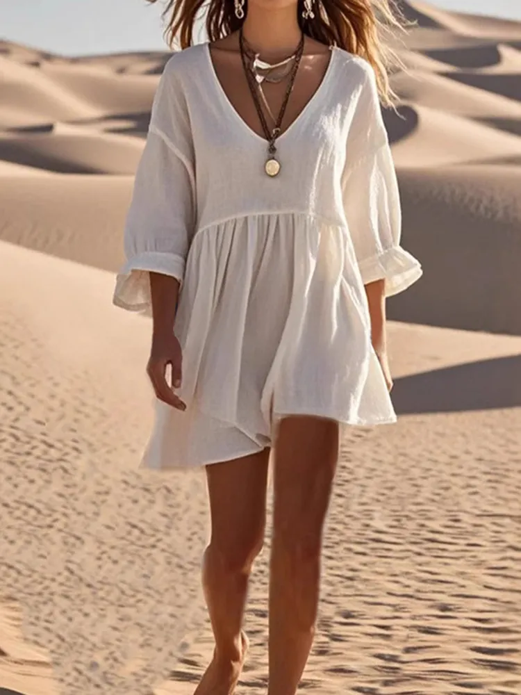 Women's Classy Beige Cotton Spring Loose Bell Sleeves Dress