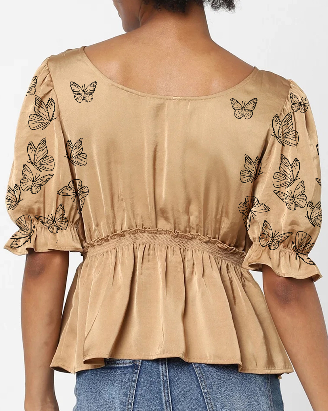 Tan Butterfly Embroidered Puff Sleeve Top