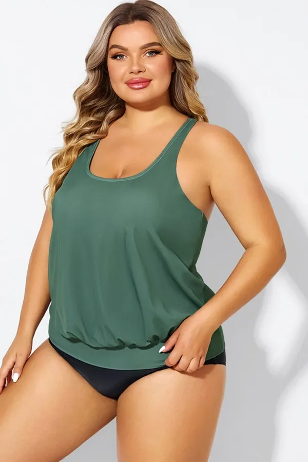Army Green Racerback Tummy Control Blouson Tankini Top