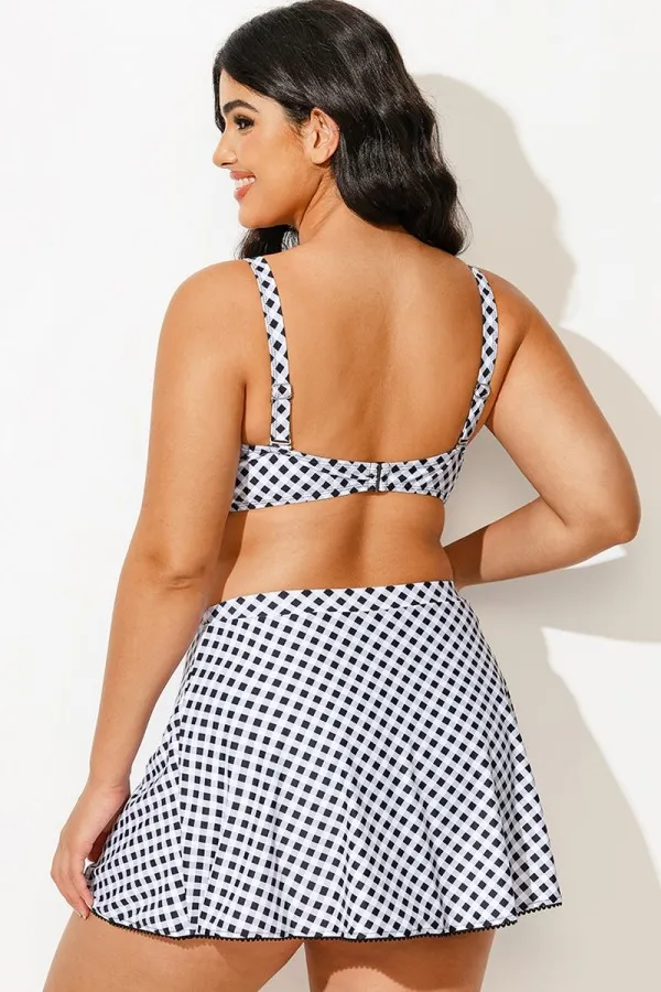 Black & White Check Knotted Crop Bikini Top