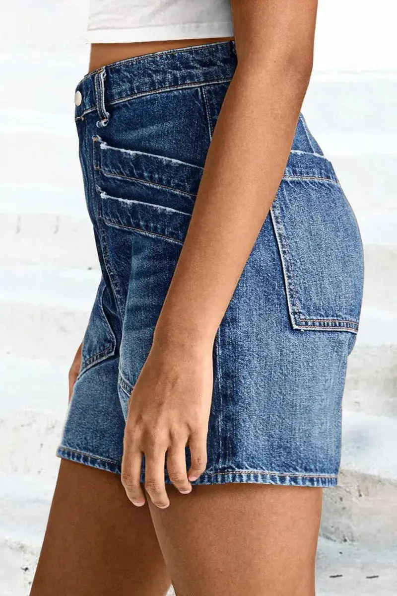 Wash Stitch Detail Layered Pocket High Waist Denim Mid Thigh Shorts